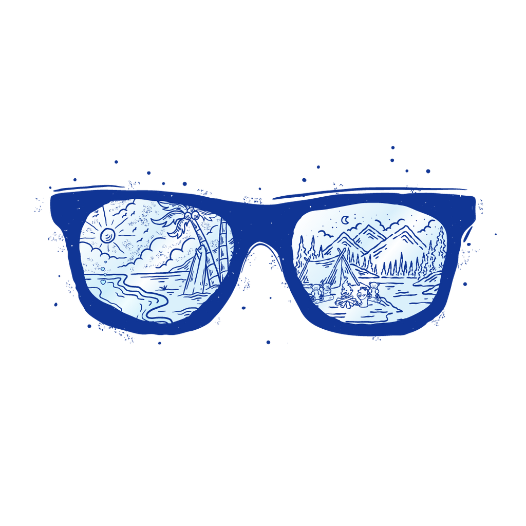 Our Mission - Illustrated Pair of Sunglasses depicting a Beach Scene and Camping Scene, metaphors for a sweeter life