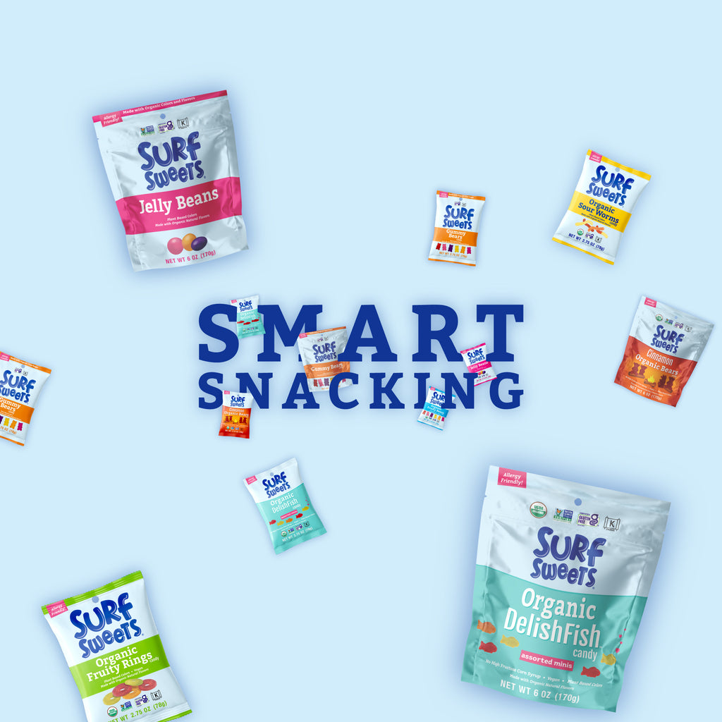 Shop Surf Sweets - Smart Snacking Text with Surf Sweets Products Hovering - Light Blue Background