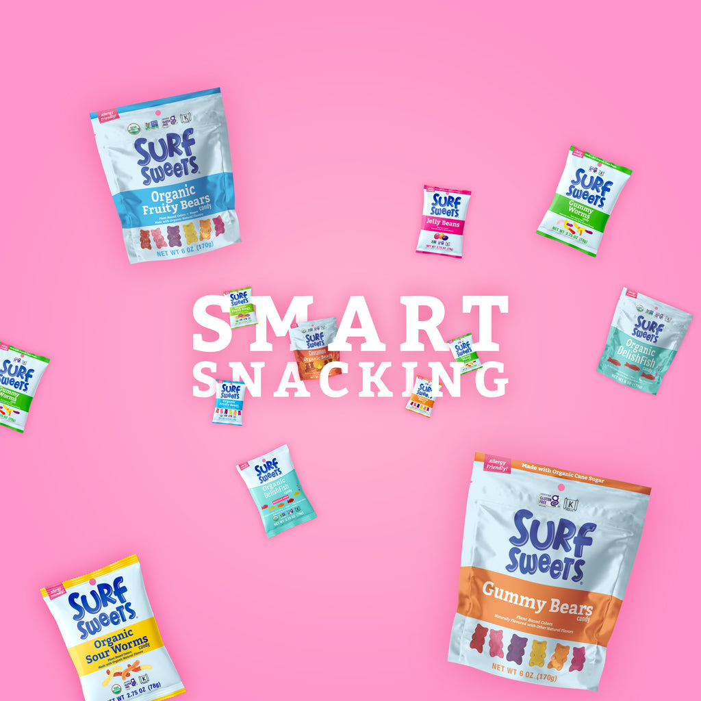 Shop Surf Sweets - Smart Snacking Text with Surf Sweets Products Hovering - Pink Background
