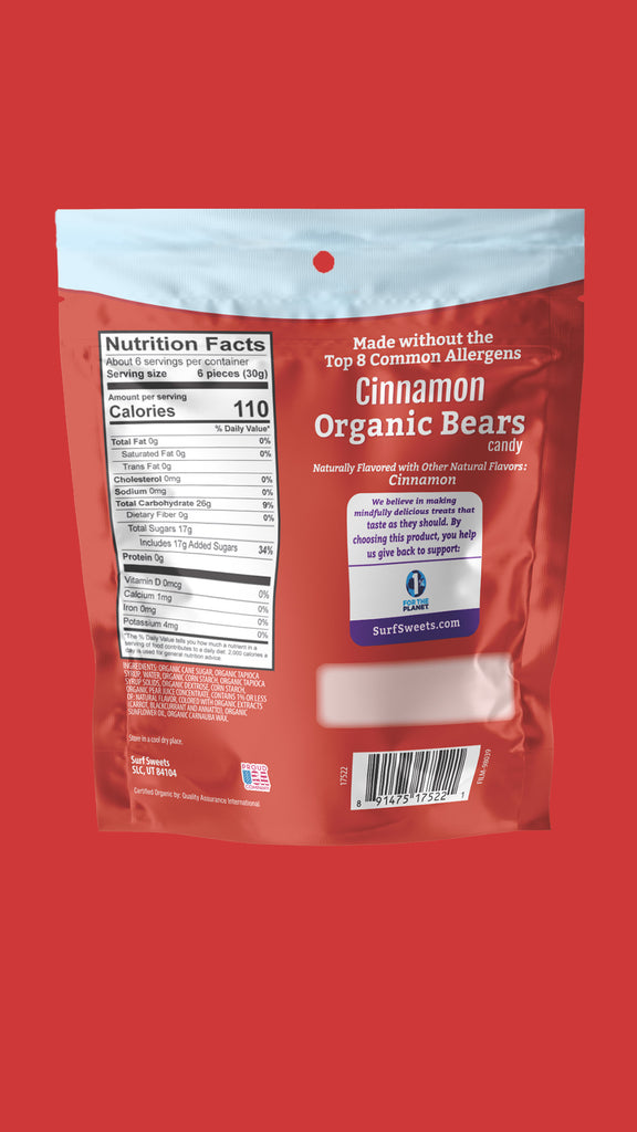 Cinnamon Organic Bears 6oz Bag by Surf Sweets - Back of Bag
