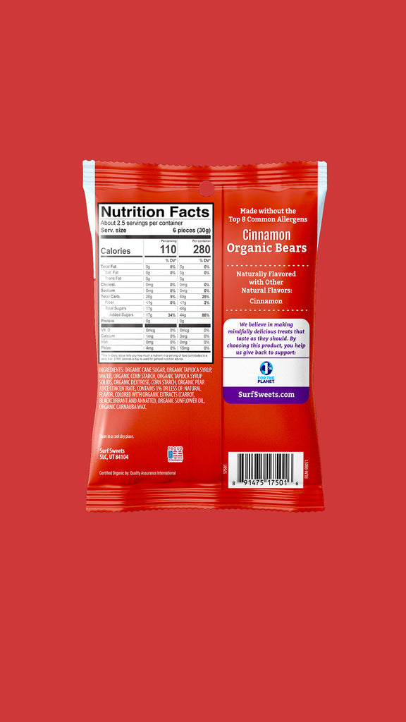 Cinnamon Organic Bears 2.75oz Pouch by Surf Sweets - Back of Bag