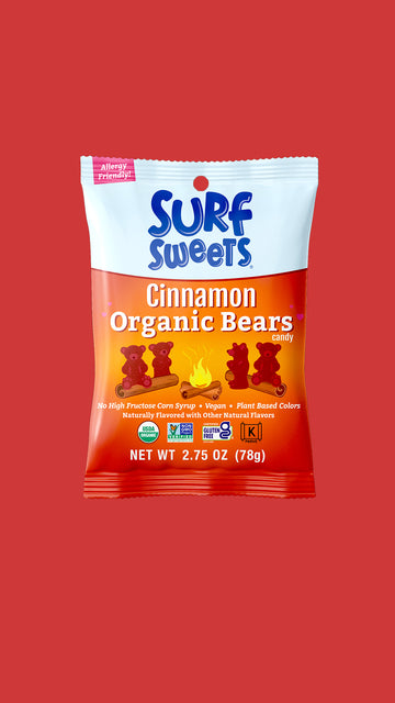Cinnamon Organic Bears 2.75oz Pouch by Surf Sweets - Front of Bag
