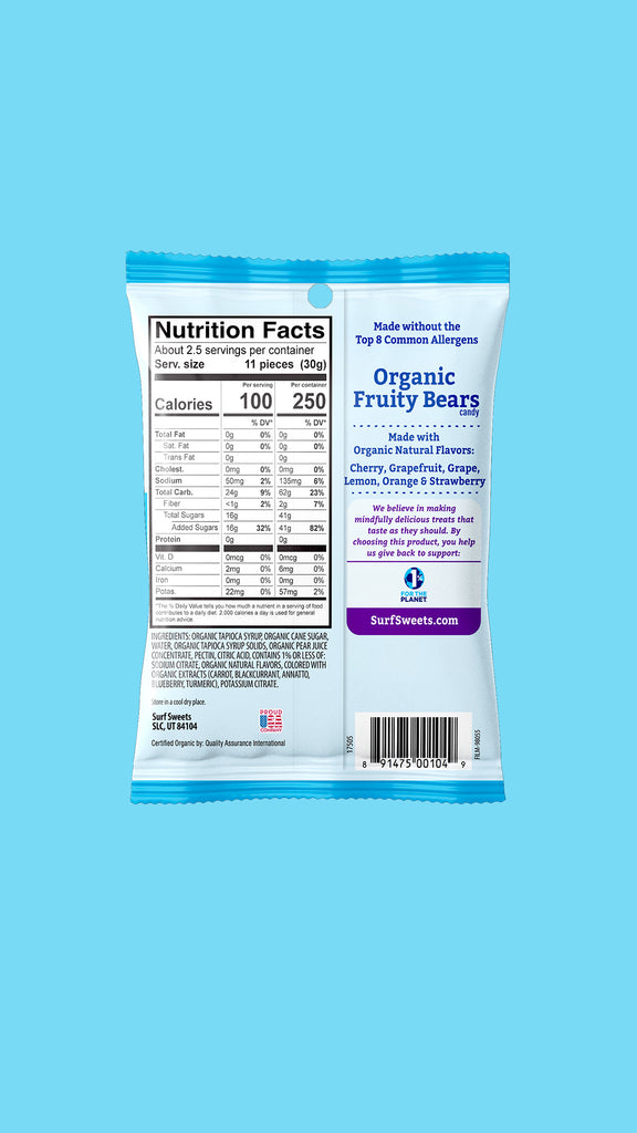Organic Fruity Bears 2.75oz Pouch by Surf Sweets - Back of Bag