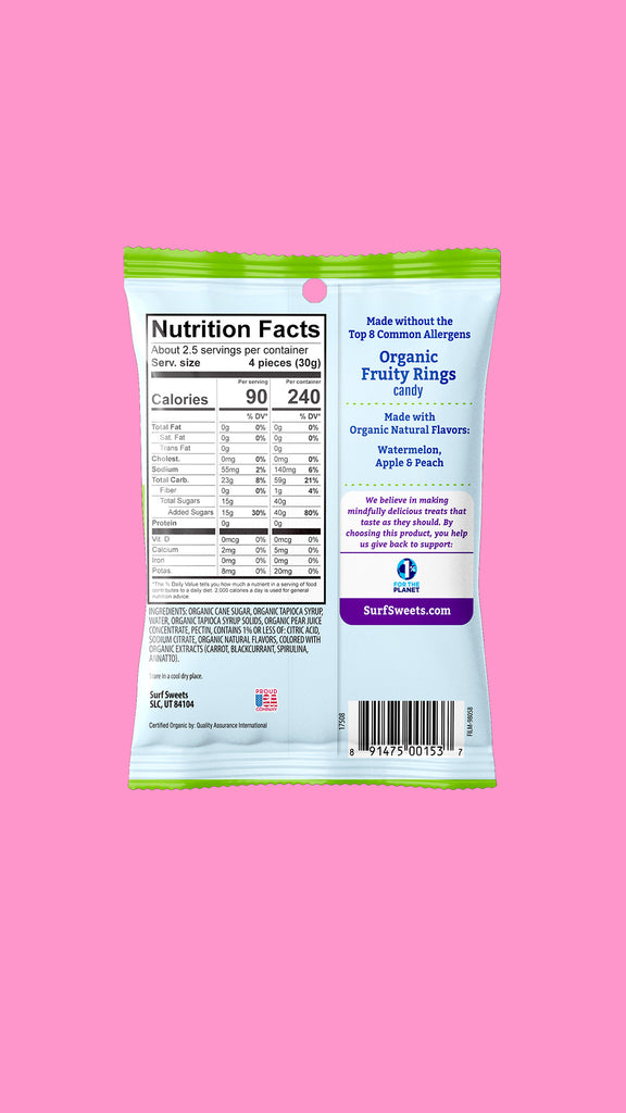Organic Fruity Rings 2.75oz Pouch by Surf Sweets - Back of Bag