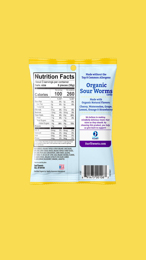 Organic Sour Worms 2.75oz Pouch by Surf Sweets - Back of Bag