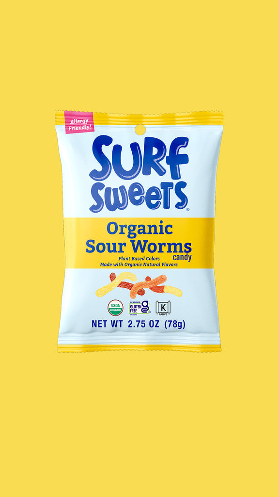 Organic Sour Worms 2.75oz Pouch by Surf Sweets - Front of Bag